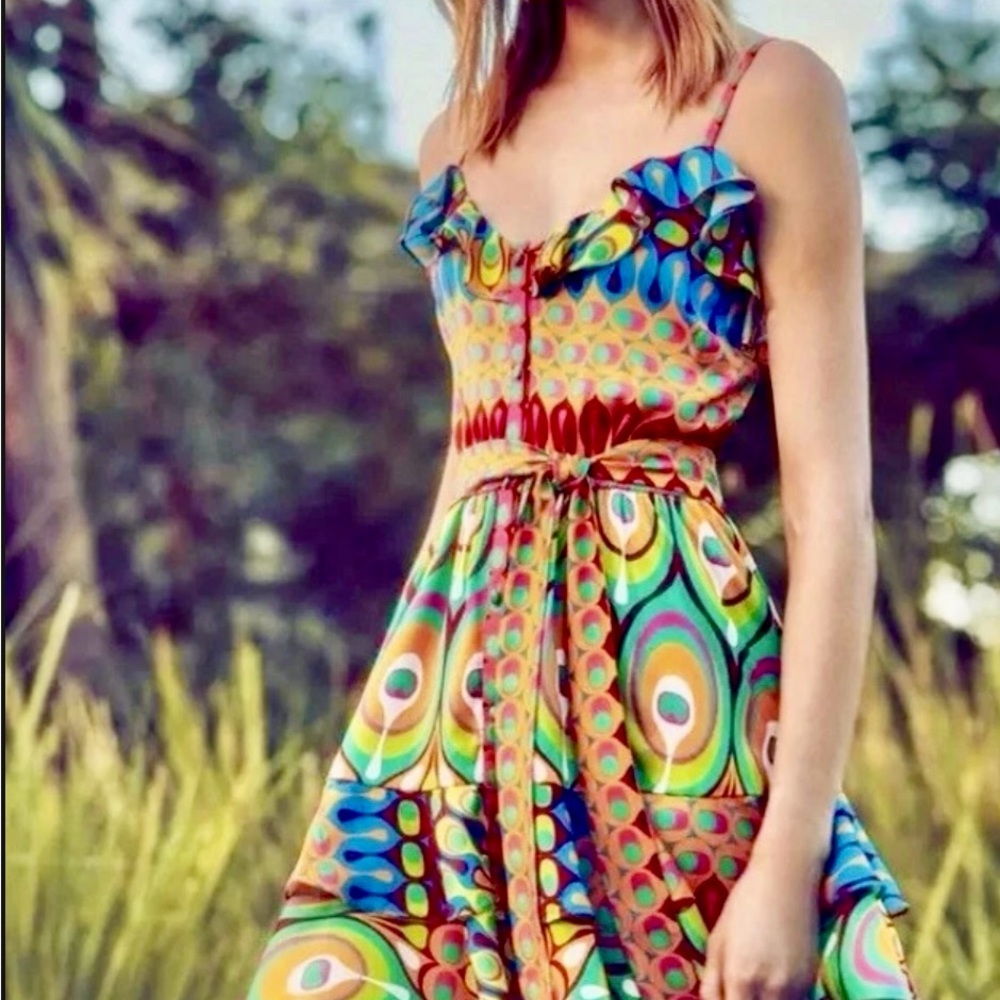 Alexis Printed Mini Dress With Ruffle Embellishments & Belt Size: XS